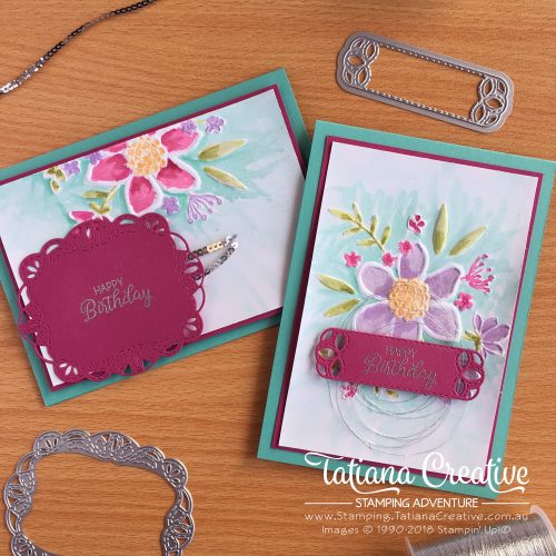 Tatiana Creative Stamping Adventure Birthday Cards using Lovely Floral Dynamic Textured Impressions Embossing Folder and Stitched Labels Framelits both by Stampin' Up!®