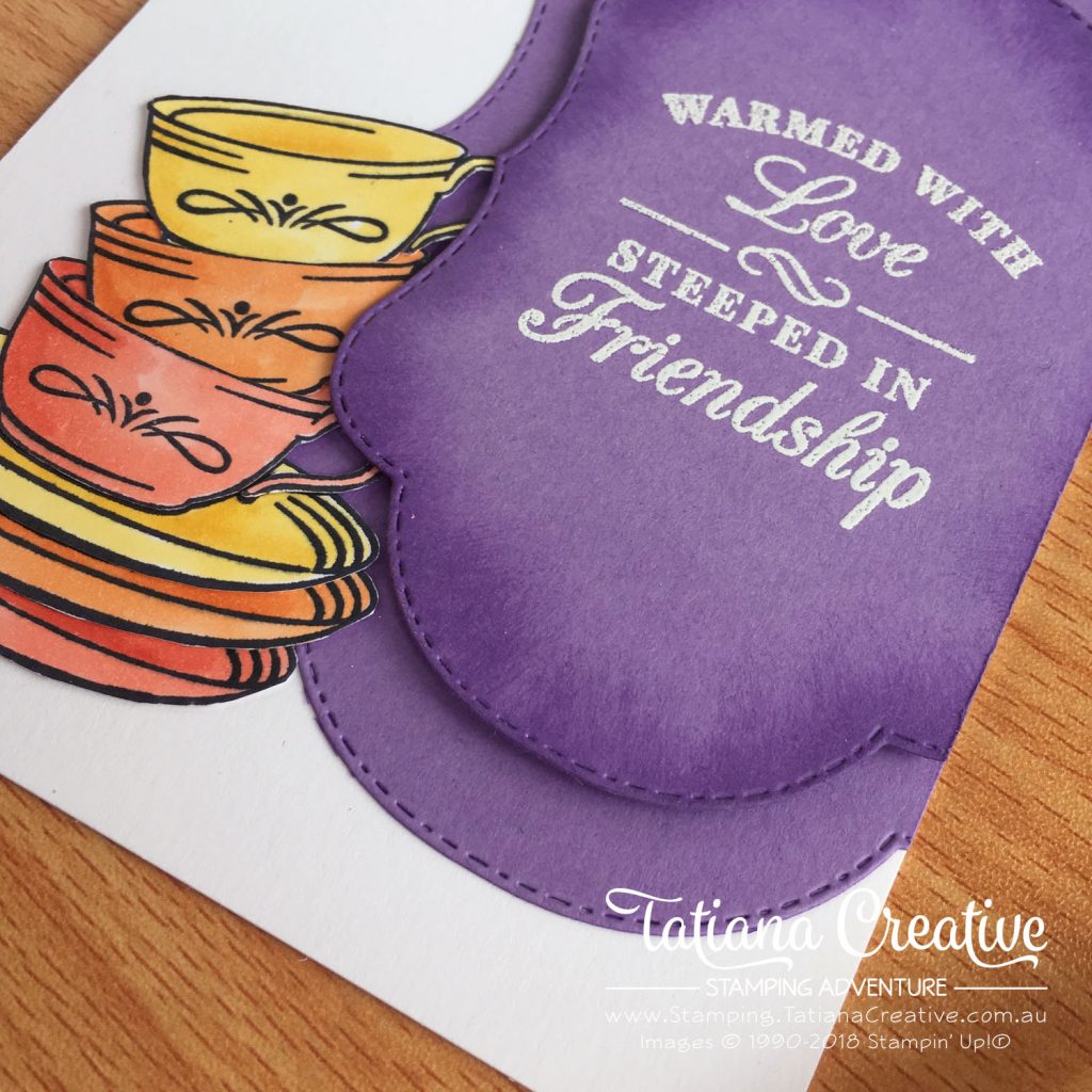 Tatiana Creative Stamping Adventure friendship card using Time For Tea stamp set and Stitched Seasons Framelits both by Stampin' Up!®