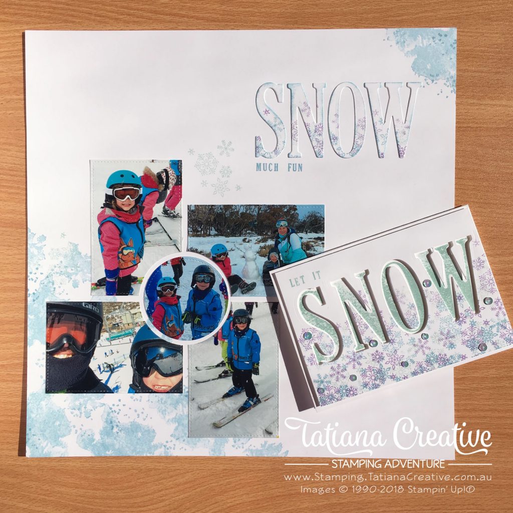 Tatiana Creative Stamping Adventure Skiing Holiday scrapbook layout and matching card using Beautiful Blizzard bundle by Stampin' Up!®