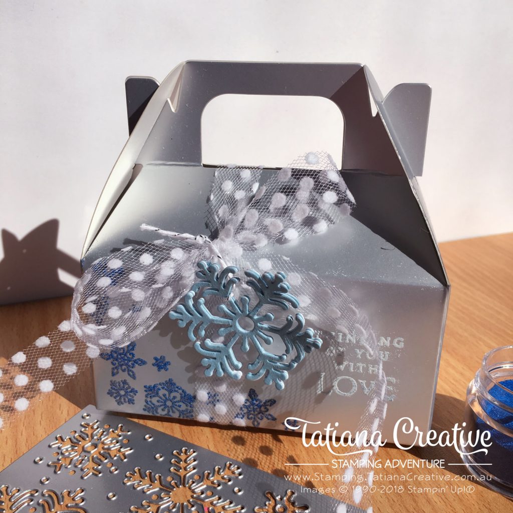 Tatiana Creative Stamping Adventure Cute Silver Gabel gift box decorated using Beautiful Blizzard bundle by Stampin' Up!®