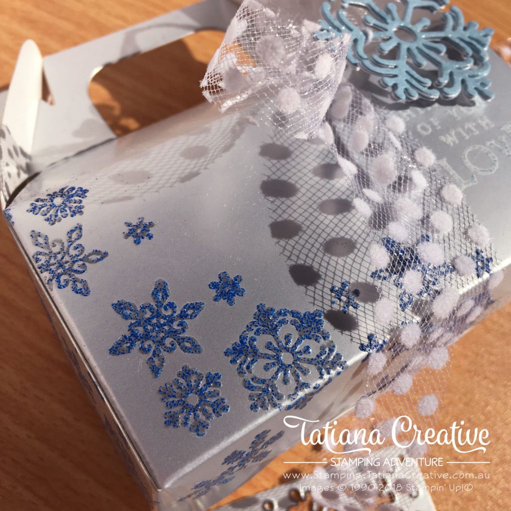 Tatiana Creative Stamping Adventure Cute Silver Gabel gift box decorated using Beautiful Blizzard bundle by Stampin' Up!®