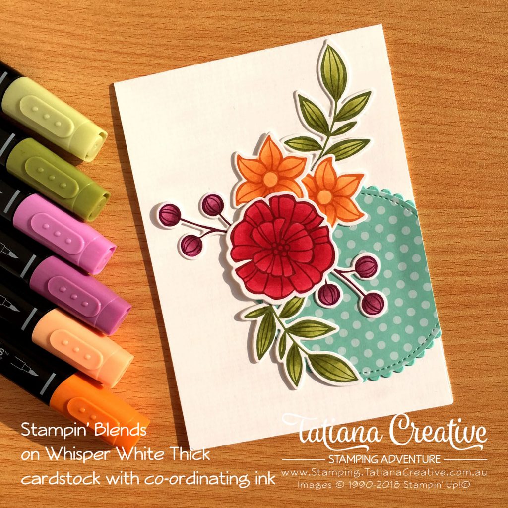 Tatiana Creative Stamping Adventure floral card using Falling Flowers stamp set colouring using Stampin' Blends on Whisper White Thick cardstock with co-ordinating ink. Products by Stampin' Up!®