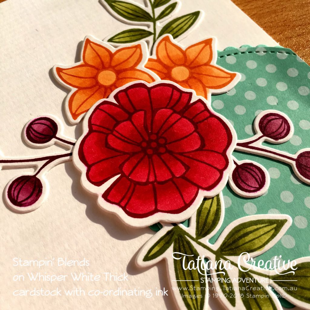 Tatiana Creative Stamping Adventure floral card using Falling Flowers stamp set colouring using Stampin' Blends on Whisper White Thick cardstock with co-ordinating ink. Products by Stampin' Up!®