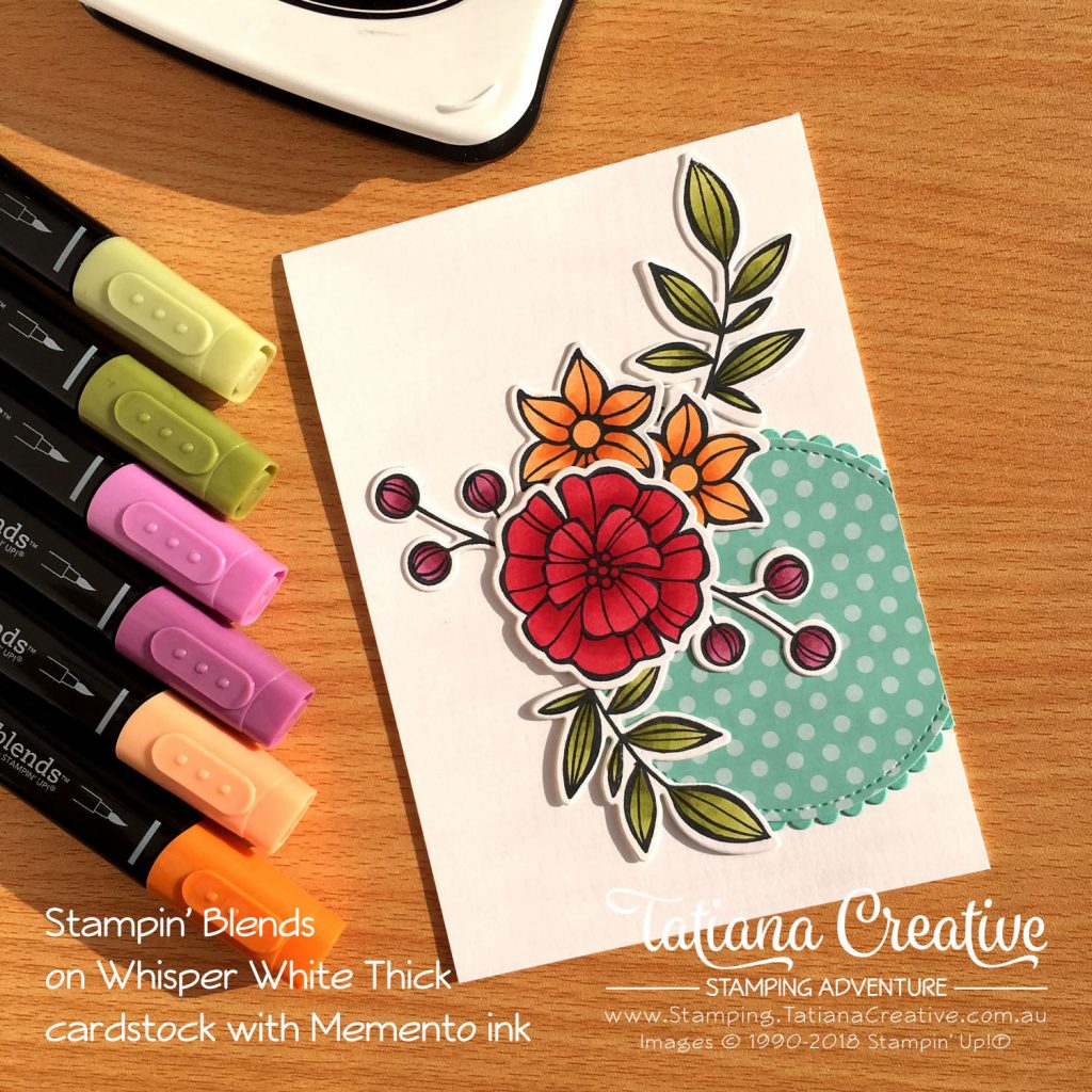 Tatiana Creative Stamping Adventure floral card using Falling Flowers stamp set colouring using Stampin' Blends on Whisper White Thick cardstock with Memento ink. Products by Stampin' Up!®