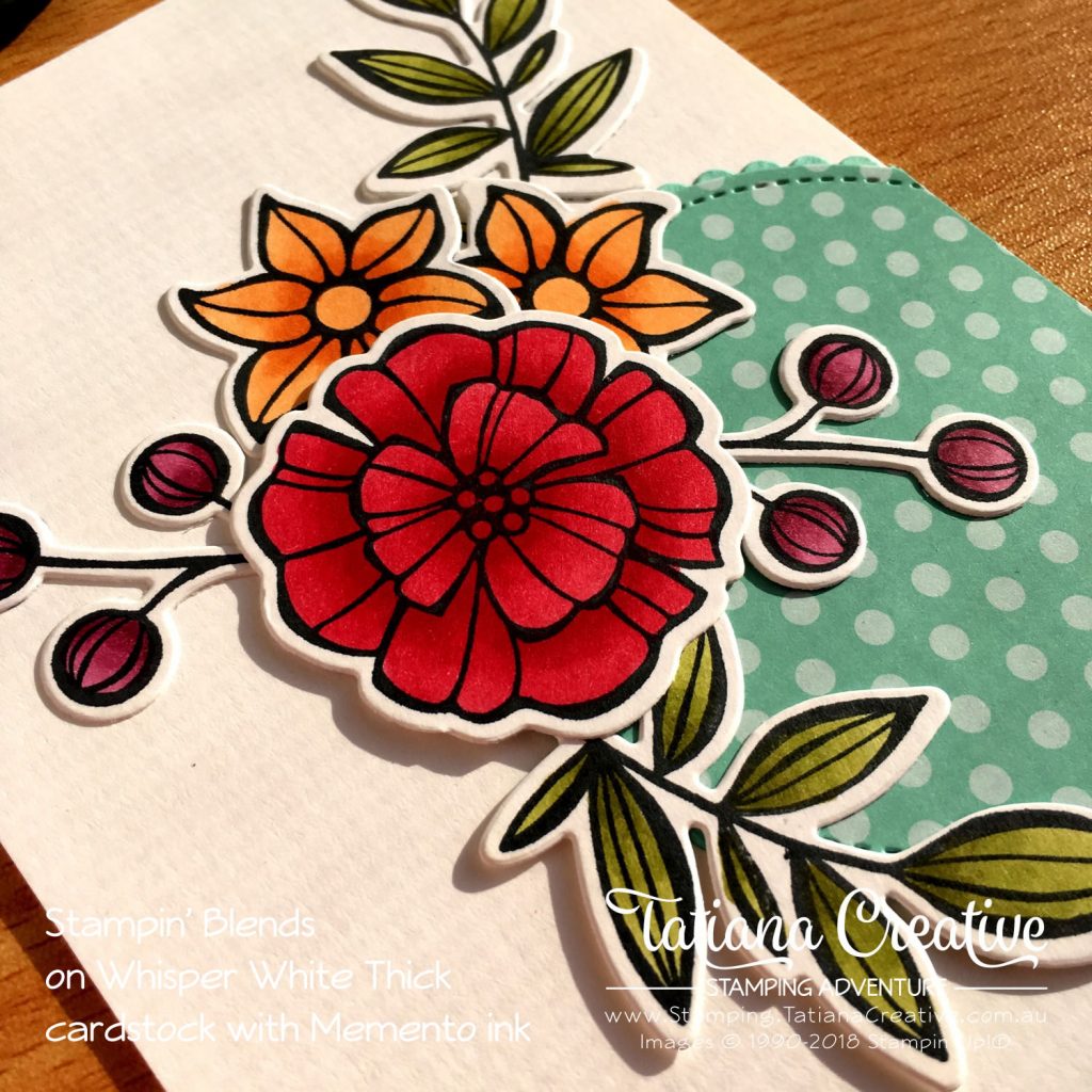 Tatiana Creative Stamping Adventure floral card using Falling Flowers stamp set colouring using Stampin' Blends on Whisper White Thick cardstock with Memento ink. Products by Stampin' Up!®