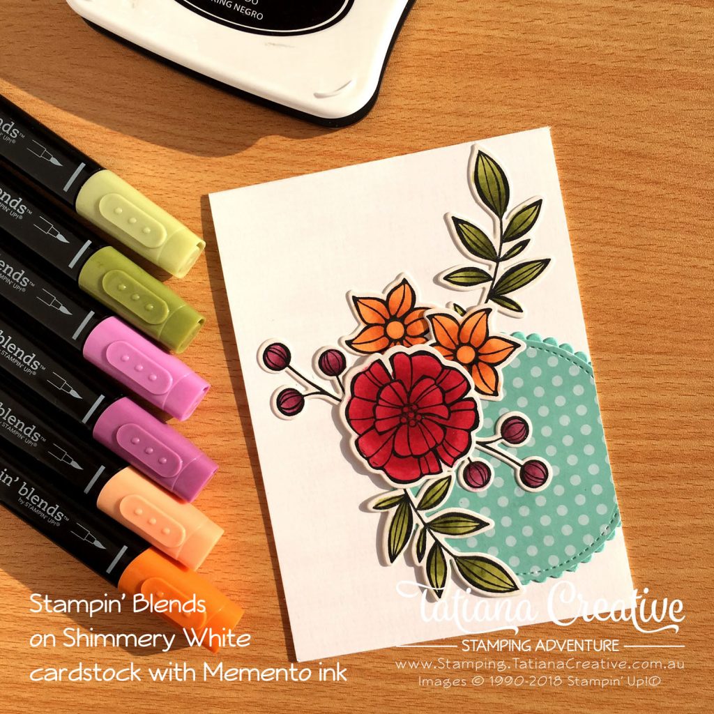 Tatiana Creative Stamping Adventure floral card using Falling Flowers stamp set colouring using Stampin' Blends on Shimmery White cardstock with Memento ink. Products by Stampin' Up!®