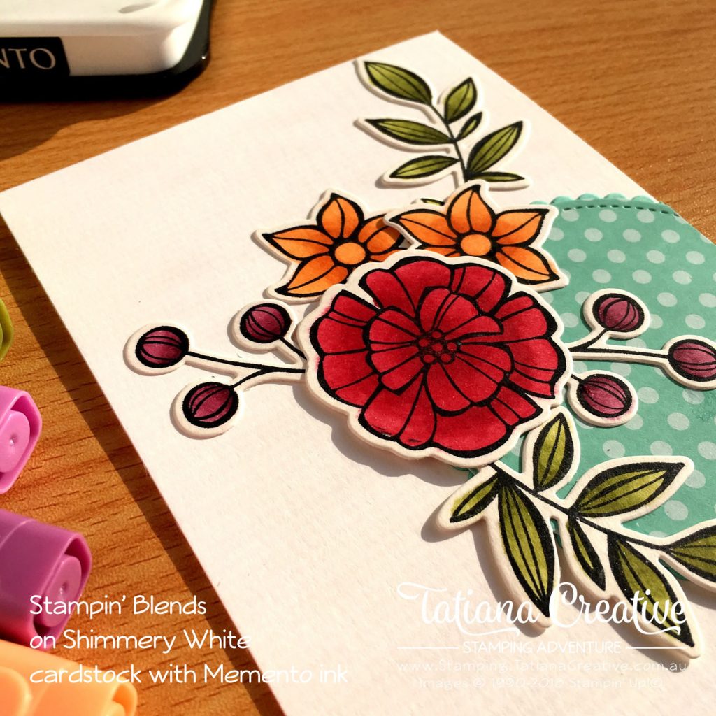 Tatiana Creative Stamping Adventure floral card using Falling Flowers stamp set colouring using Stampin' Blends on Shimmery White cardstock with Memento ink. Products by Stampin' Up!®