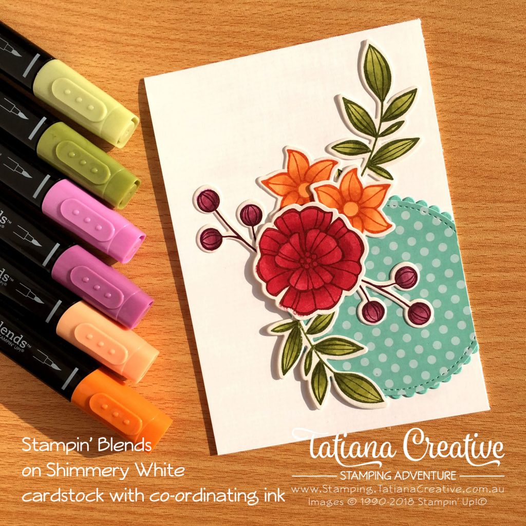 Tatiana Creative Stamping Adventure floral card using Falling Flowers stamp set colouring using Stampin' Blends on Shimmery White cardstock with co-ordinating ink. Products by Stampin' Up!®