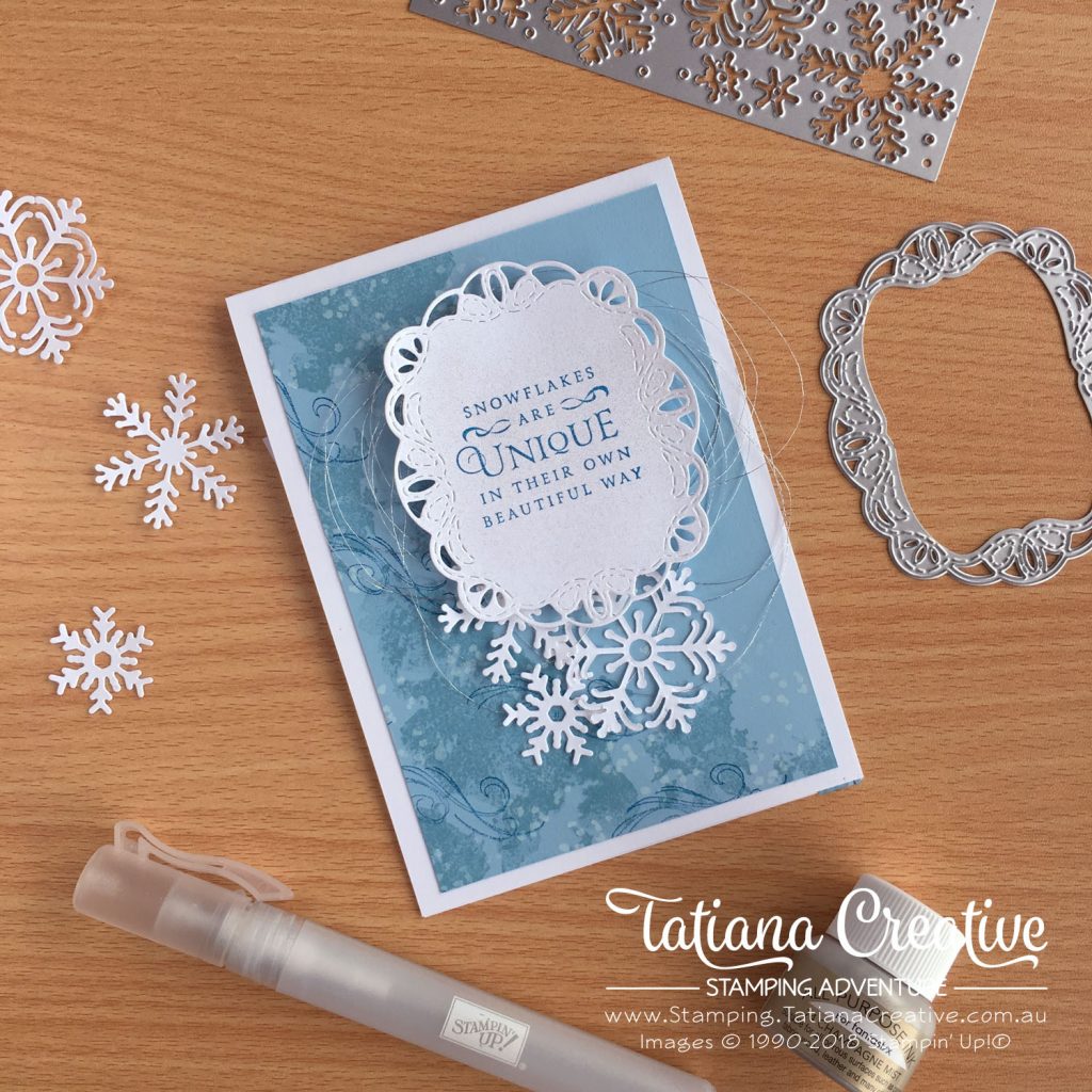 Tatiana Creative Stamping Adventure Gold Snowflake Blizzard card using Beautiful Blizzard Bundle by Stampin' Up!®