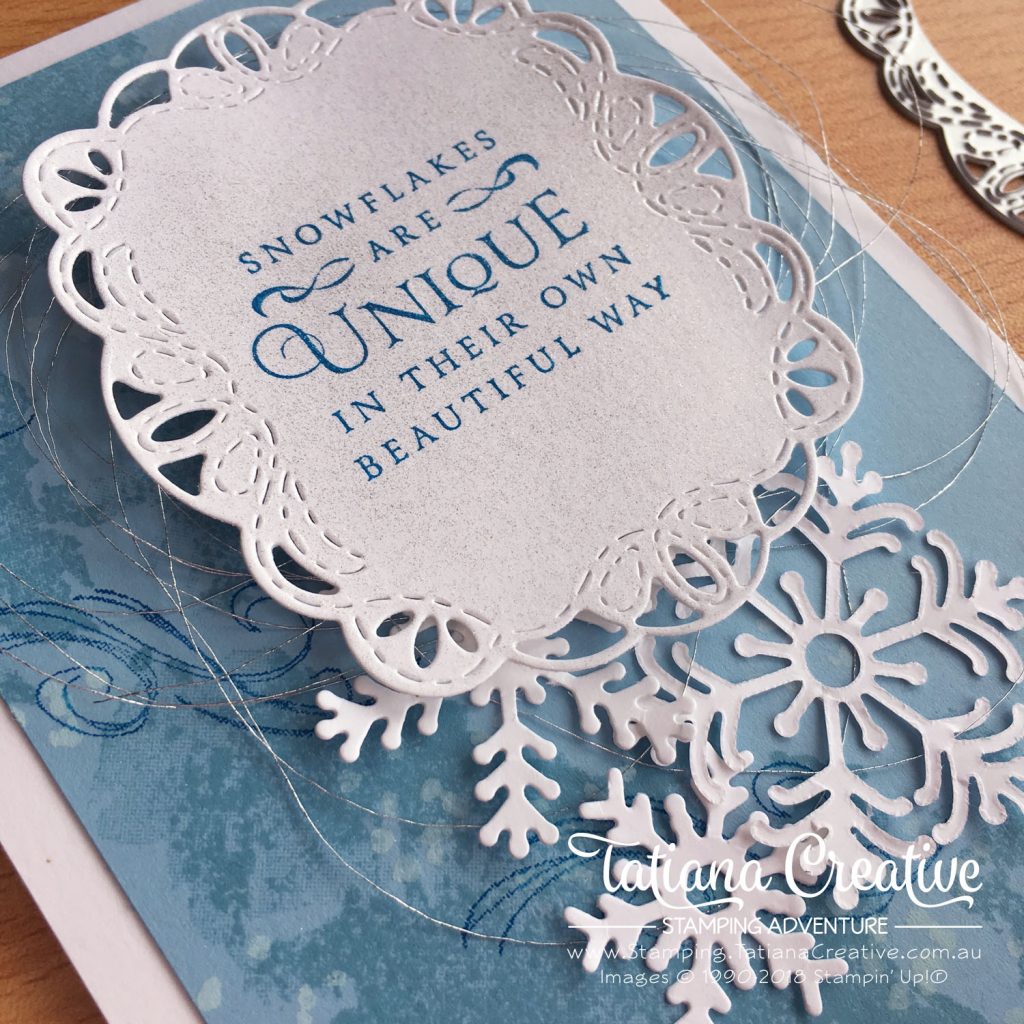 Tatiana Creative Stamping Adventure Gold Snowflake Blizzard card using Beautiful Blizzard Bundle by Stampin' Up!®