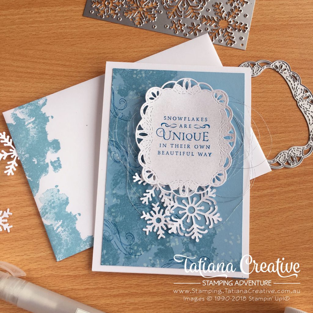 Tatiana Creative Stamping Adventure Gold Snowflake Blizzard card using Beautiful Blizzard Bundle by Stampin' Up!®