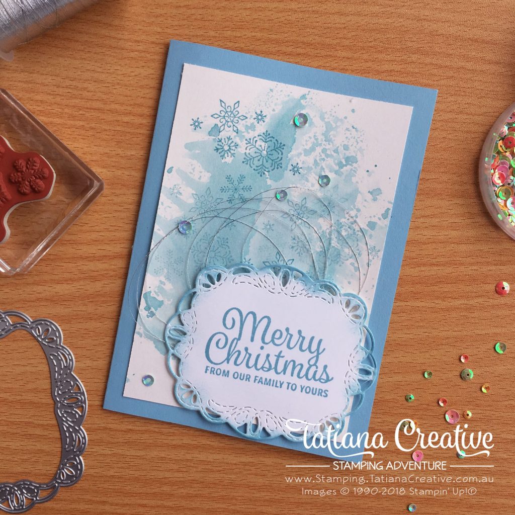 Tatiana Creative Stamping Adventure - Christmas Flurry card using Beautiful Blizzard and Snowflake Sentiment stamp sets both by Stampin' Up!®