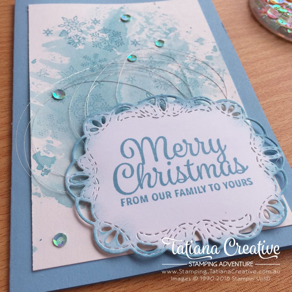 Tatiana Creative Stamping Adventure - Christmas Flurry card using Beautiful Blizzard and Snowflake Sentiment stamp sets both by Stampin' Up!®