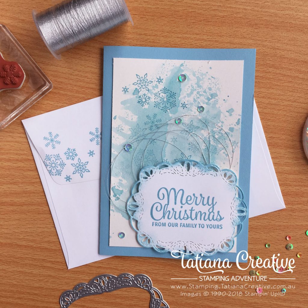 Tatiana Creative Stamping Adventure - Christmas Flurry card using Beautiful Blizzard and Snowflake Sentiment stamp sets both by Stampin' Up!®