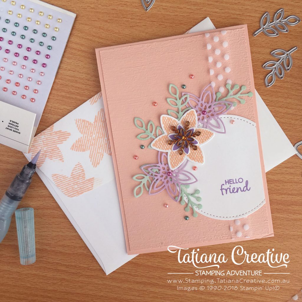 Tatiana Creative Stamping Adventure - Floral Hello Friend card using Snowflake Showcase items Happiness Surrounds and White Velveteen Sheets by Stampin' Up!®