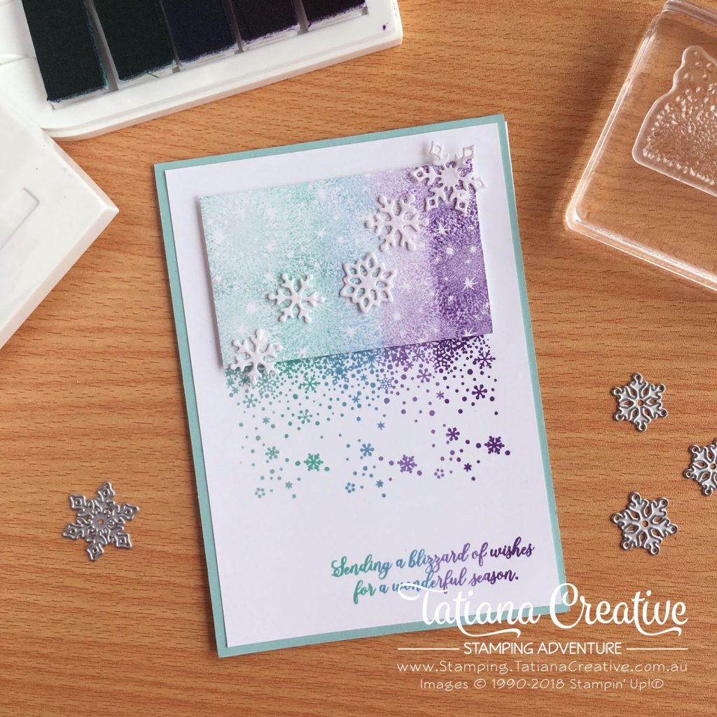 Tatiana Creative Stamping Adventure - Snowflake Fireworks card using the Uninked Spectrum Pad, Snow Is Glistening stamp set, and Bokeh Dots stamp set all by Stampin' Up!®