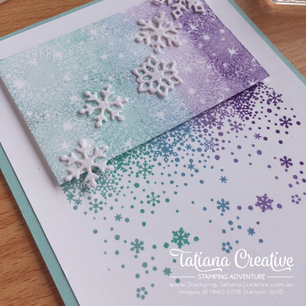 Tatiana Creative Stamping Adventure - Snowflake Fireworks card using the Uninked Spectrum Pad, Snow Is Glistening stamp set, and Bokeh Dots stamp set all by Stampin' Up!®