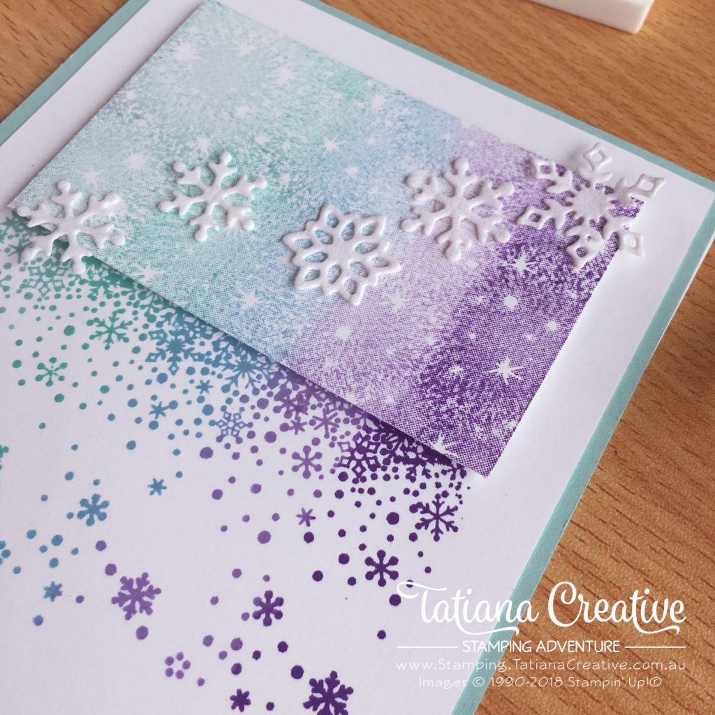 Tatiana Creative Stamping Adventure - Snowflake Fireworks card using the Uninked Spectrum Pad, Snow Is Glistening stamp set, and Bokeh Dots stamp set all by Stampin' Up!®