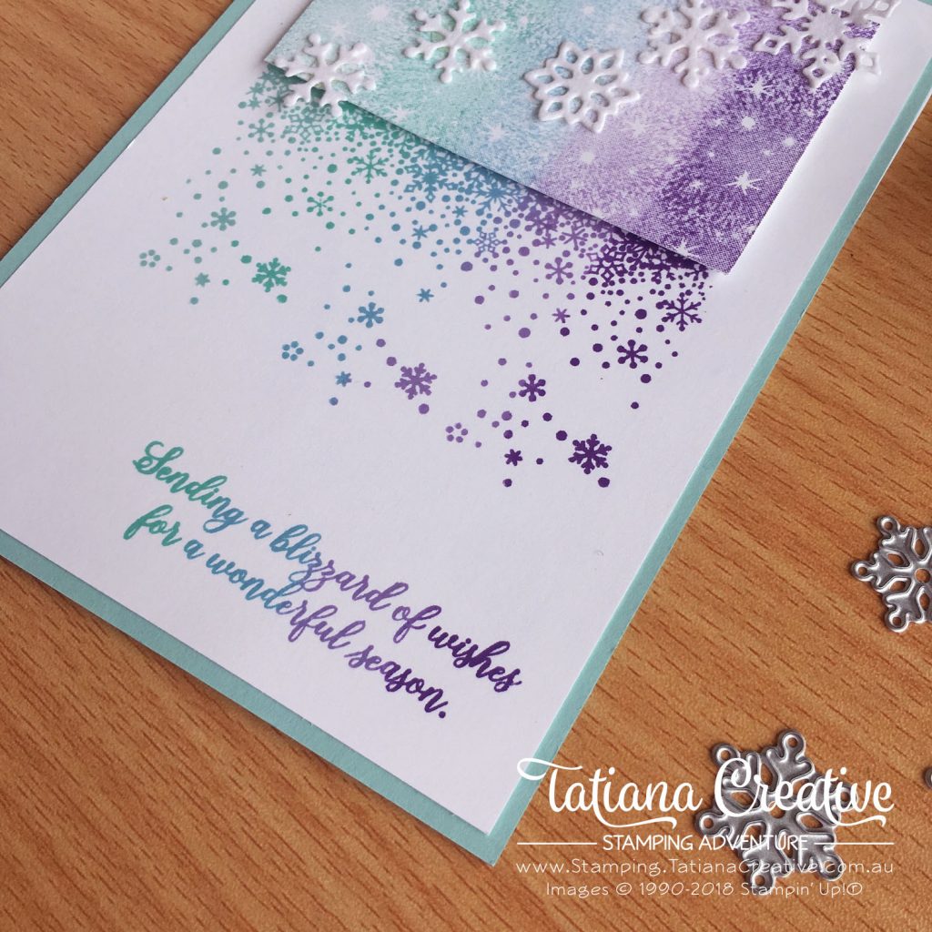 Tatiana Creative Stamping Adventure - Snowflake Fireworks card using the Uninked Spectrum Pad, Snow Is Glistening stamp set, and Bokeh Dots stamp set all by Stampin' Up!®