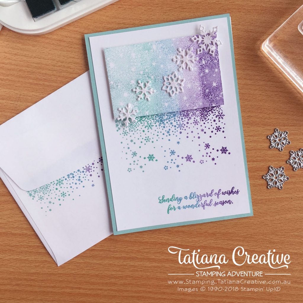 Tatiana Creative Stamping Adventure - Snowflake Fireworks card using the Uninked Spectrum Pad, Snow Is Glistening stamp set, and Bokeh Dots stamp set all by Stampin' Up!®