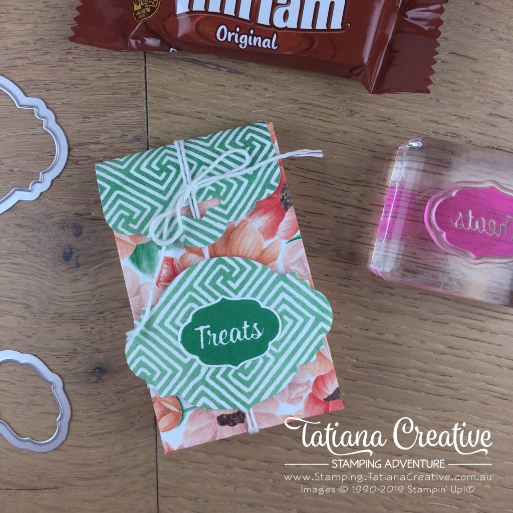 Tatiana Creative Stamping Adventure - Individual TimTams bag for OnStageLive Auckland 2019 gifts using Painted Season DSP and Sweetest Thing bundle both by Stampin' Up!®