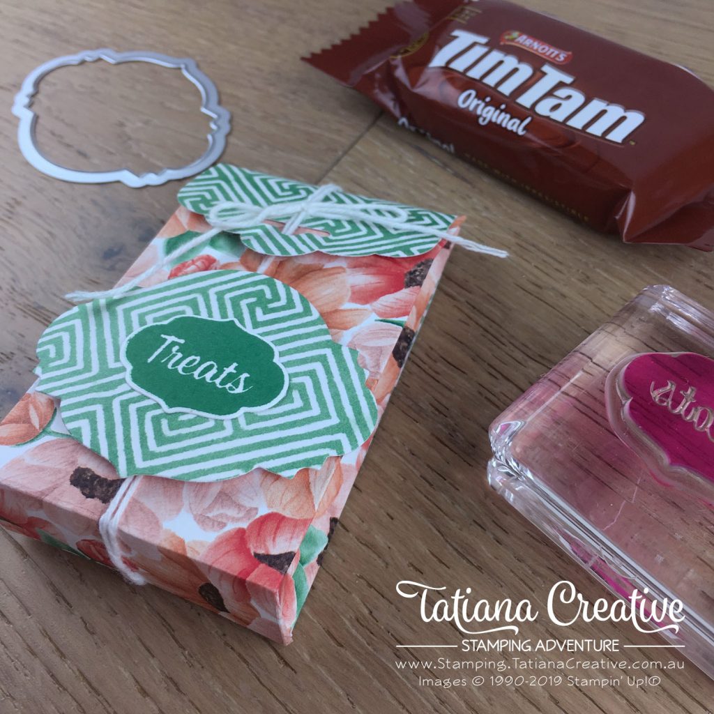 Tatiana Creative Stamping Adventure - Individual TimTams bag for OnStageLive Auckland 2019 gifts using Painted Season DSP and Sweetest Thing bundle both by Stampin' Up!®