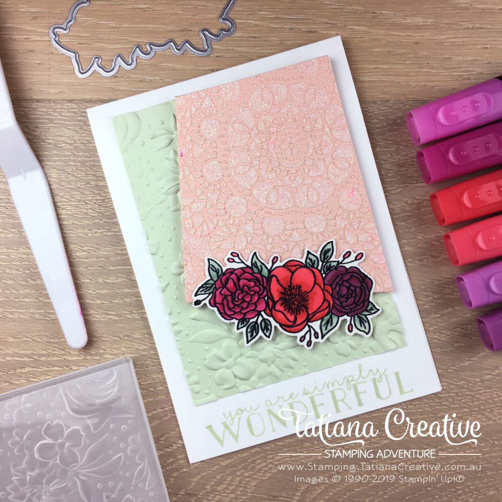 Tatiana Creative Stamping Adventure - Florals, Sparkles and Encouragement card using the Bird Ballard Laser-Cut Cards as a mask with Embossing Paste and the Bloom & Grow stamp set all by Stampin' Up!®