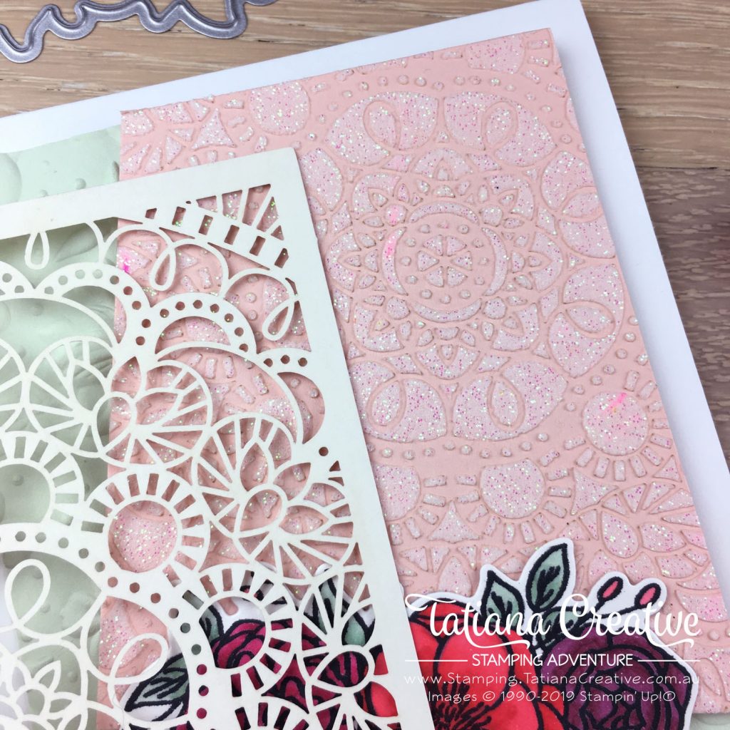 Tatiana Creative Stamping Adventure - Florals, Sparkles and Encouragement card using the Bird Ballard Laser-Cut Cards as a mask with Embossing Paste and the Bloom & Grow stamp set all by Stampin' Up!®