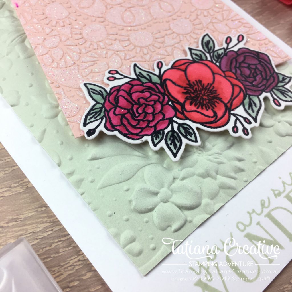 Tatiana Creative Stamping Adventure - Florals, Sparkles and Encouragement card using the Bird Ballard Laser-Cut Cards as a mask with Embossing Paste and the Bloom & Grow stamp set all by Stampin' Up!®