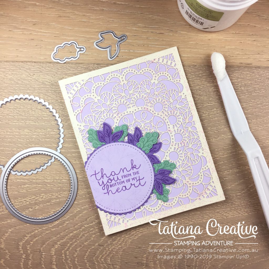 Tatiana Creative Stamping Adventure - Sparkly Thank You card using the Bird Ballard Laser-Cut Cards with Bloom & Grow stamp set decorated with Shimmery White Embossing Paste all by Stampin' Up!®