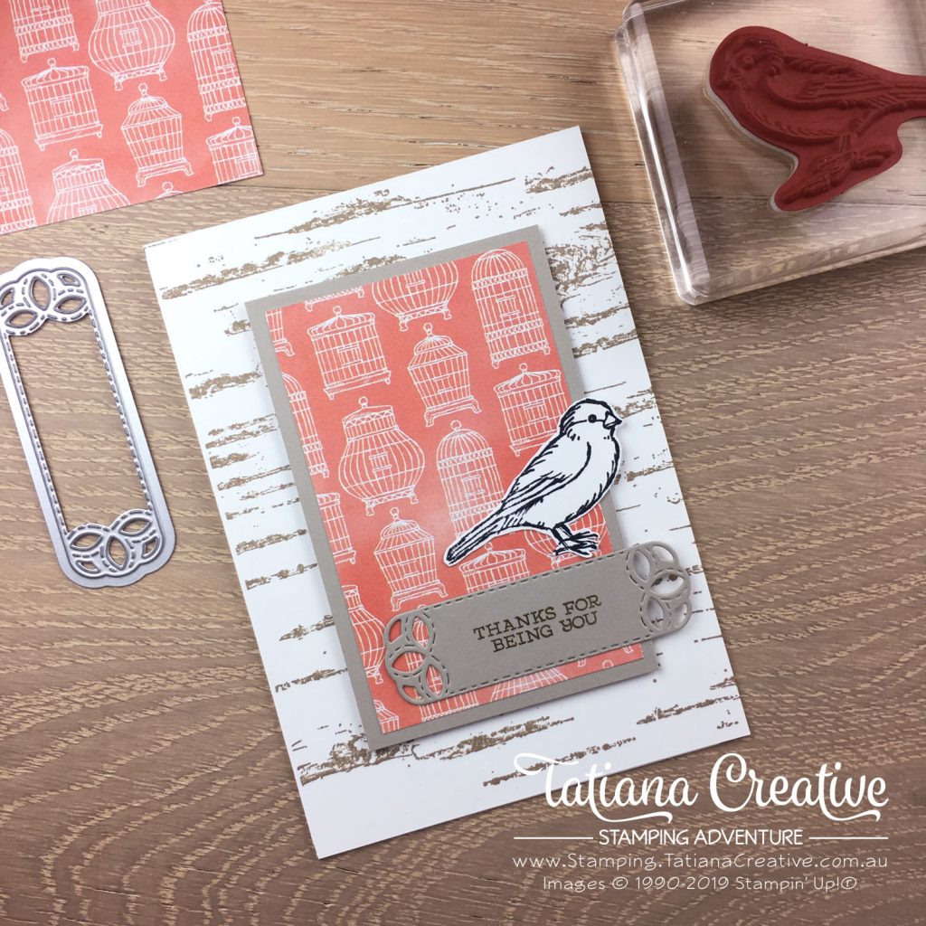 Tatiana Creative Stamping Adventure - Thank You card using the Bird Ballad DSP, Birch stamp and the Free As A Bird stamp set all by Stampin' Up!®