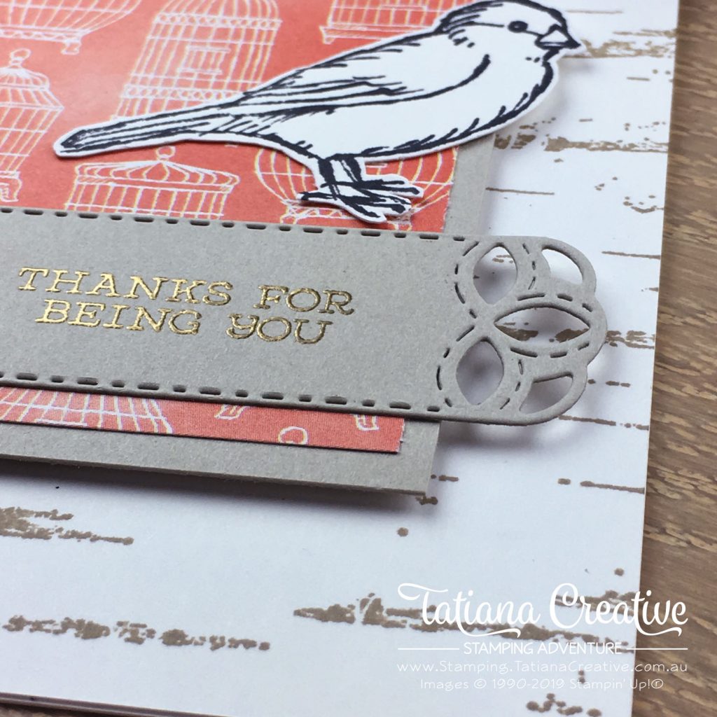 Tatiana Creative Stamping Adventure - Thank You card using the Bird Ballad DSP, Birch stamp and the Free As A Bird stamp set all by Stampin' Up!®