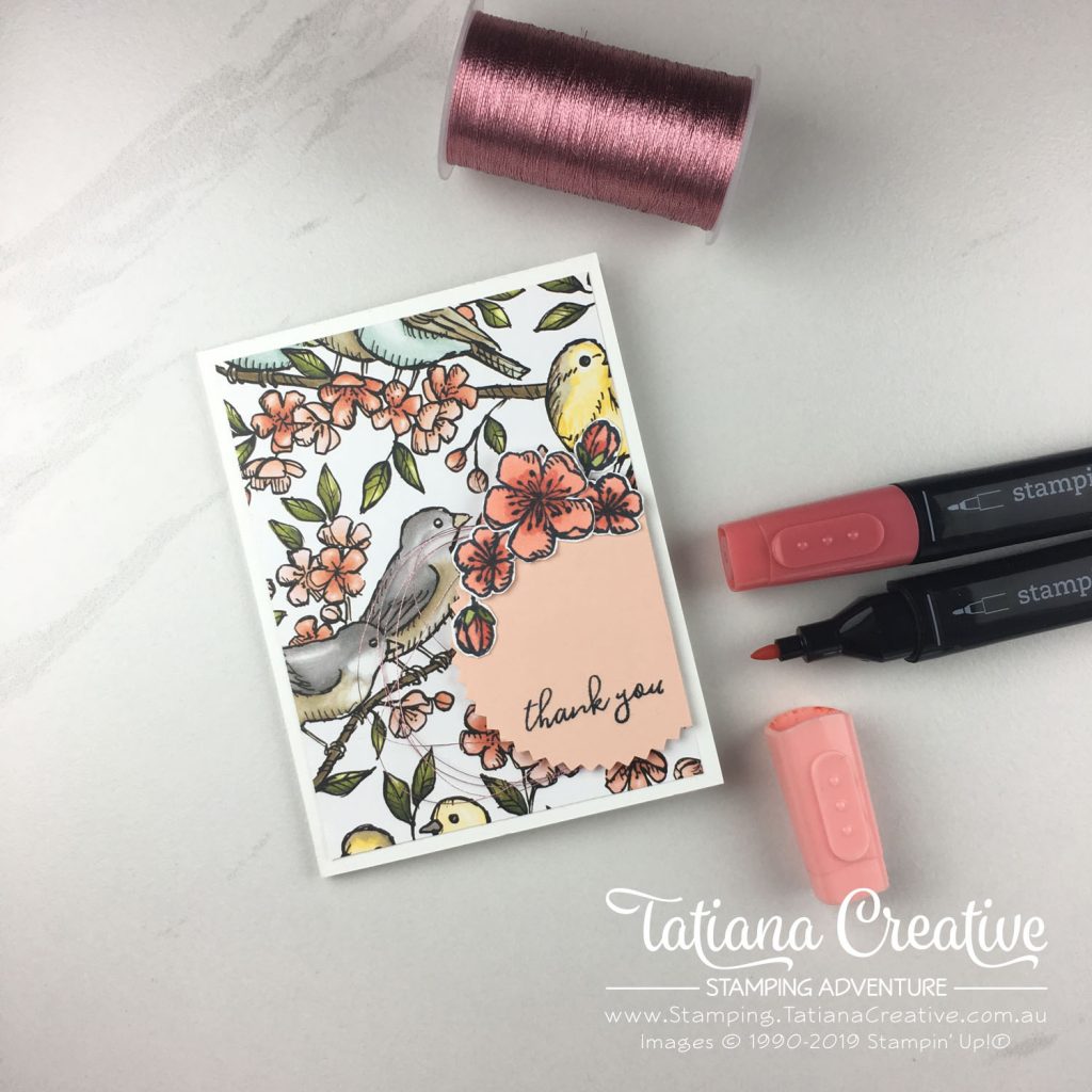 Tatiana Creative Stamping Adventure - Bird Flower Thank You card using the Free As A Bird stamp set and Bird Ballad DSP both by Stampin' Up!®