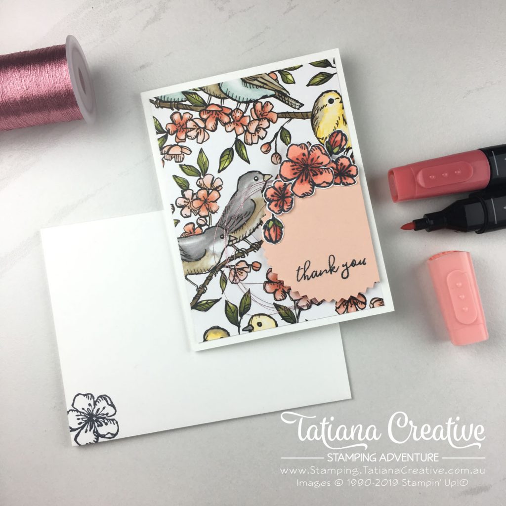 Tatiana Creative Stamping Adventure - Bird Flower Thank You card using the Free As A Bird stamp set and Bird Ballad DSP both by Stampin' Up!®