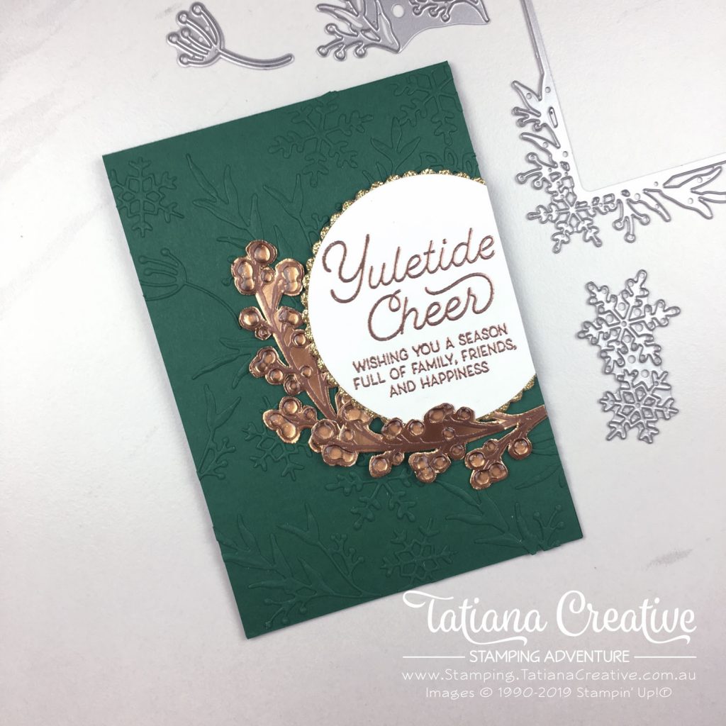 Tatiana Creative Stamping Adventure - Green & Copper Christmas Card using the Frosted Foliage stamp set and Frosted Frames Dies both by Stampin' Up!®