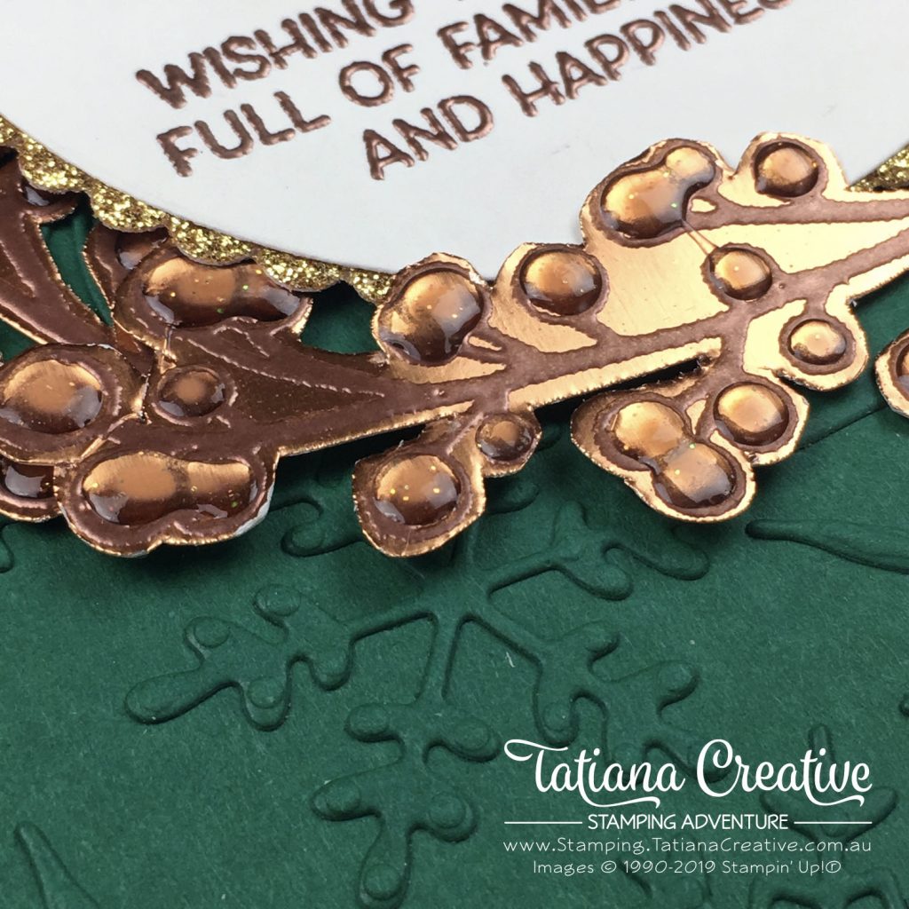 Tatiana Creative Stamping Adventure - Green & Copper Christmas Card using the Frosted Foliage stamp set and Frosted Frames Dies both by Stampin' Up!®