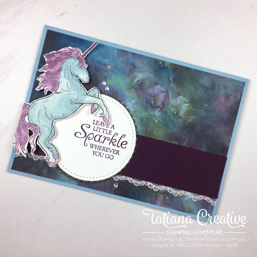 Tatiana Creative Stamping Adventure - Sparkle Unicorn Card using the Leave A Little Sparkle stamp set and Perennial Essence DSP both by Stampin' Up!®