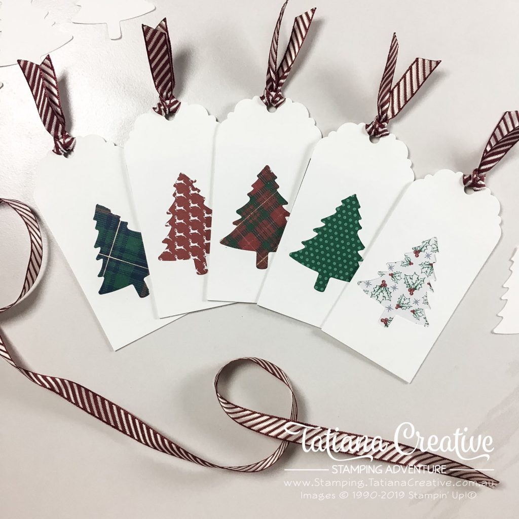 Tatiana Creative Stamping Adventure - Christmas Gift Tags using Pine Tree Punch and Wrapped In Plaid Specialty DSPboth from Stampin' Up!®