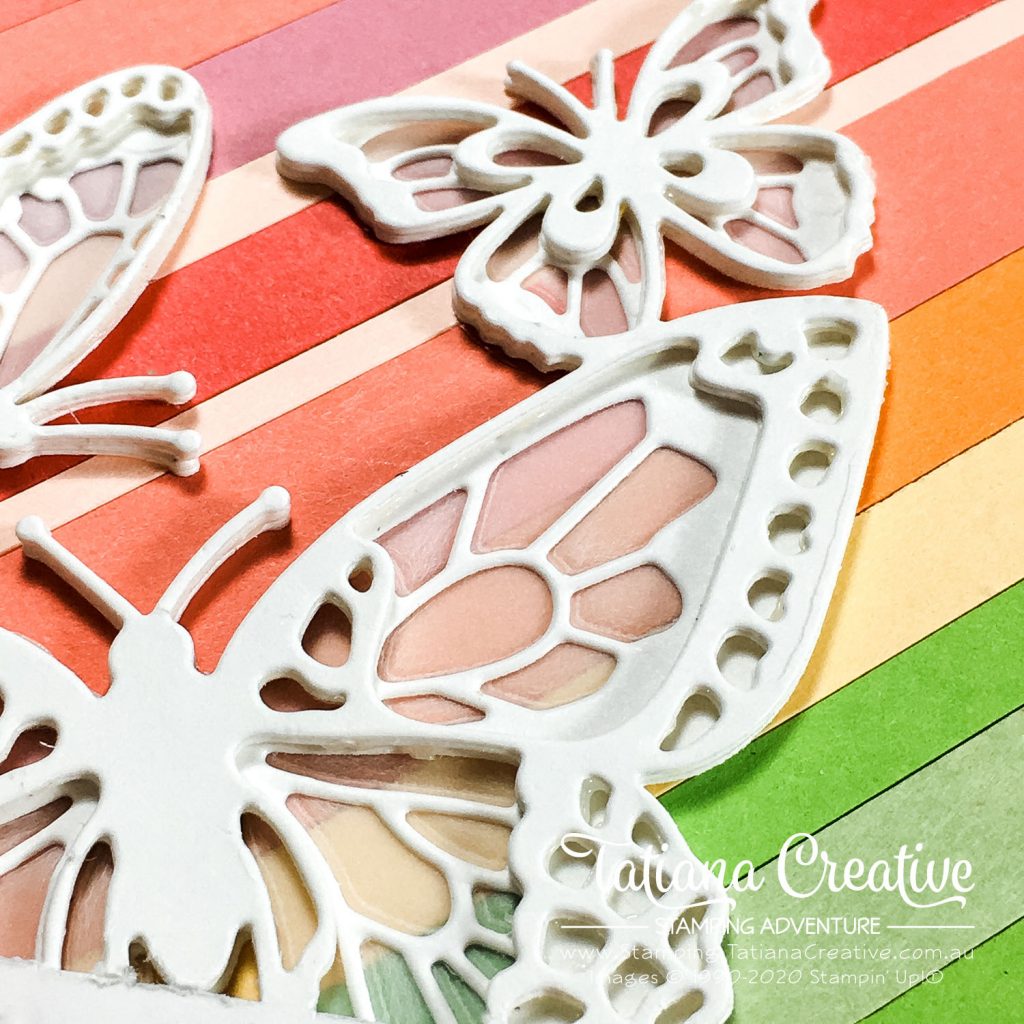 Tatiana Creative Stamping Adventure - Rainbow background made from scraps and partial die cutting butterfly Thank you card using Butterfly Beauty Dies by Stampin' Up!®