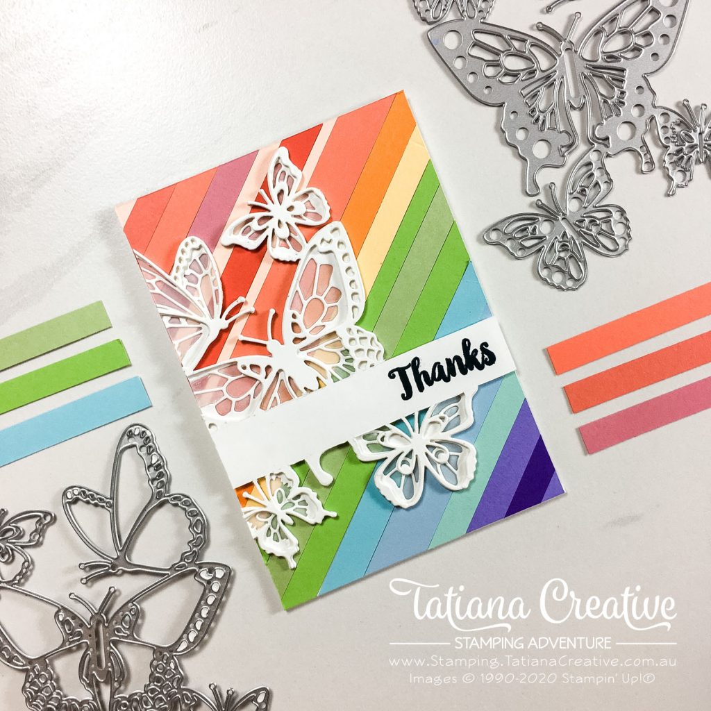 Tatiana Creative Stamping Adventure - Rainbow background made from scraps and partial die cutting butterfly Thank you card using Butterfly Beauty Dies by Stampin' Up!®