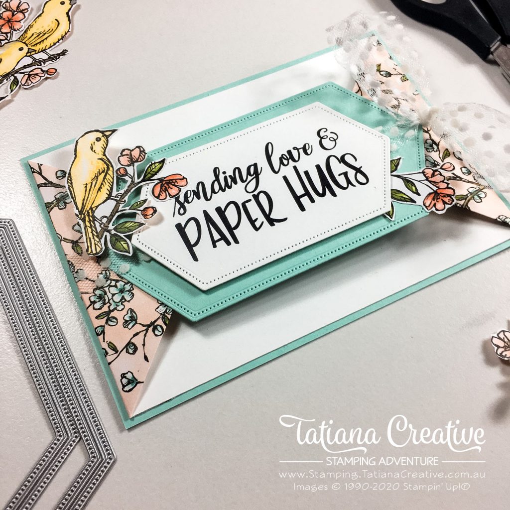 Fantastic Fun Folds with Tatiana Creative Stamping Adventure - Sending Hugs Triangle Gate Fold card v2 using Share Sunshine COVID-19 PDF and Bird Ballad DSP both by Stampin' Up!®