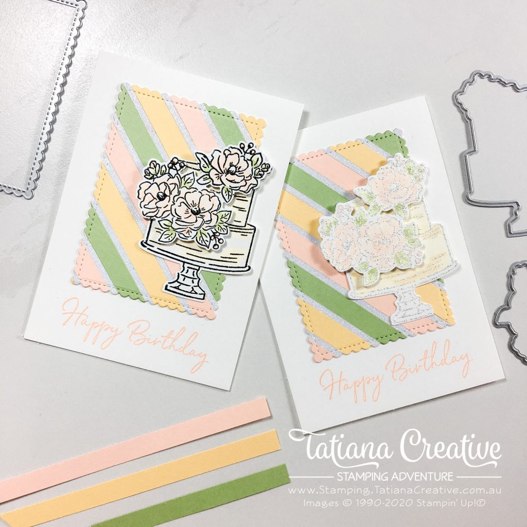 Tatiana Creative Stamping Adventure - Two Cards from one background made from scraps using the Happy Birthday To You Sale-A-Bration stamp set and product coordination Birthday Dies Bundle both by Stampin' Up!®