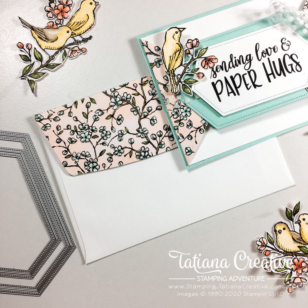 Fantastic Fun Folds with Tatiana Creative Stamping Adventure - Sending Hugs Triangle Gate Fold card v2 using Share Sunshine COVID-19 PDF and Bird Ballad DSP both by Stampin' Up!®