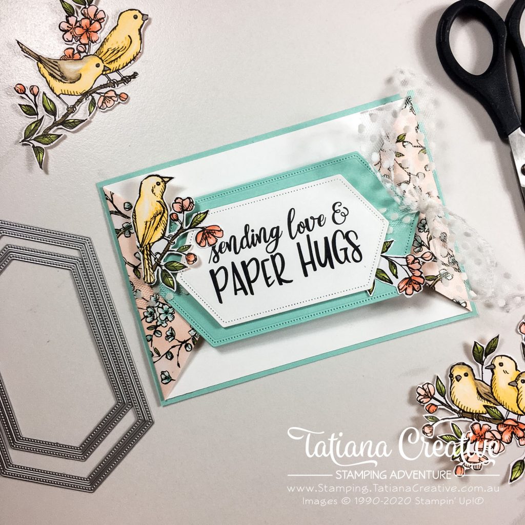 Fantastic Fun Folds with Tatiana Creative Stamping Adventure - Sending Hugs Triangle Gate Fold card v2 using Share Sunshine COVID-19 PDF and Bird Ballad DSP both by Stampin' Up!®