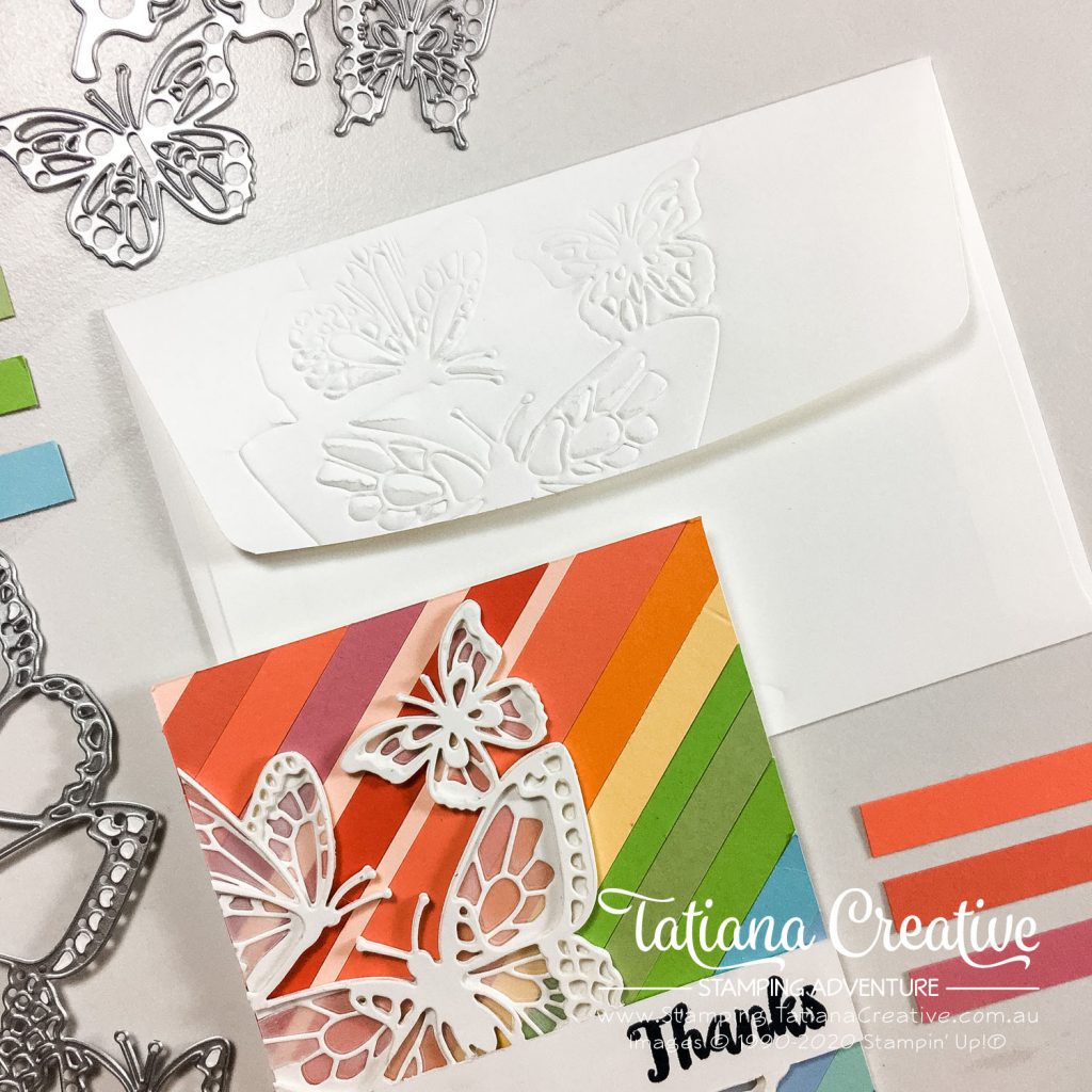 Tatiana Creative Stamping Adventure - Rainbow background made from scraps and partial die cutting butterfly Thank you card using Butterfly Beauty Dies by Stampin' Up!®