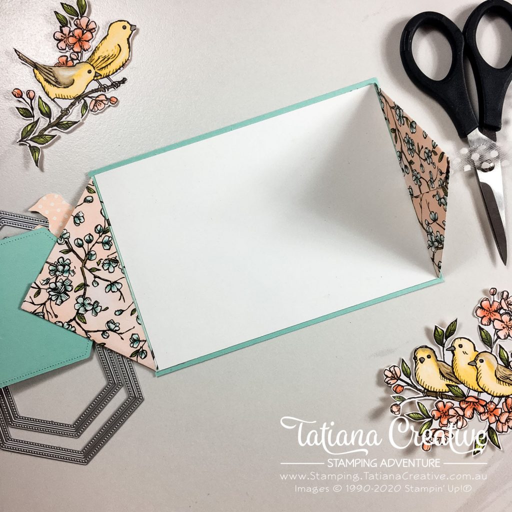 Fantastic Fun Folds with Tatiana Creative Stamping Adventure - Sending Hugs Triangle Gate Fold card v2 using Share Sunshine COVID-19 PDF and Bird Ballad DSP both by Stampin' Up!®