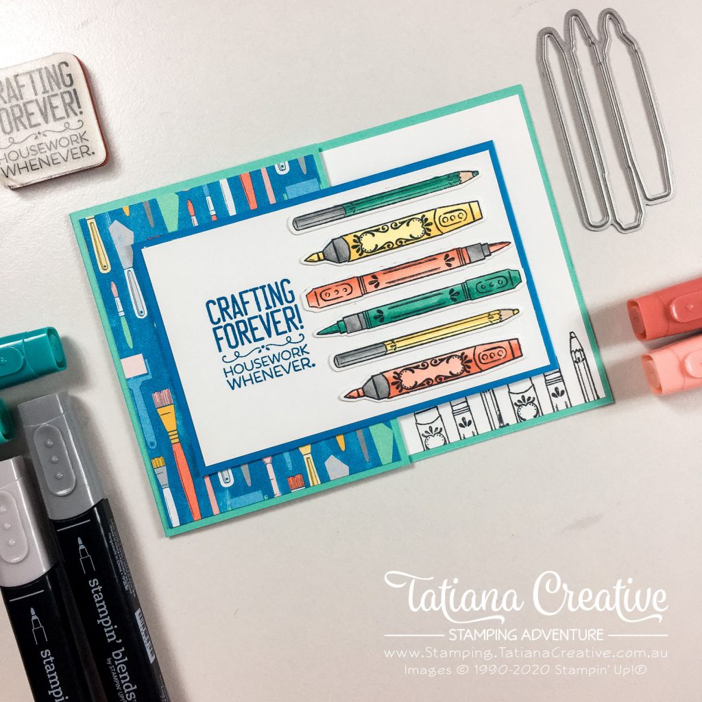 Fantastic Fun Folds with Tatiana Creative Stamping Adventure - Crafting Tri Fold card v2 using Crafting Forever stamp set, It Starts With Art stamp set and Follow Your Art DSP all by Stampin' Up!®