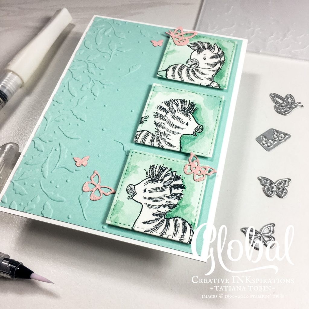 Tatiana Creative Stamping Adventure - fun Zebra panel card using Zany Zebras stamp set and Meadow Moments Embossing Folder both by Stampin' Up!®