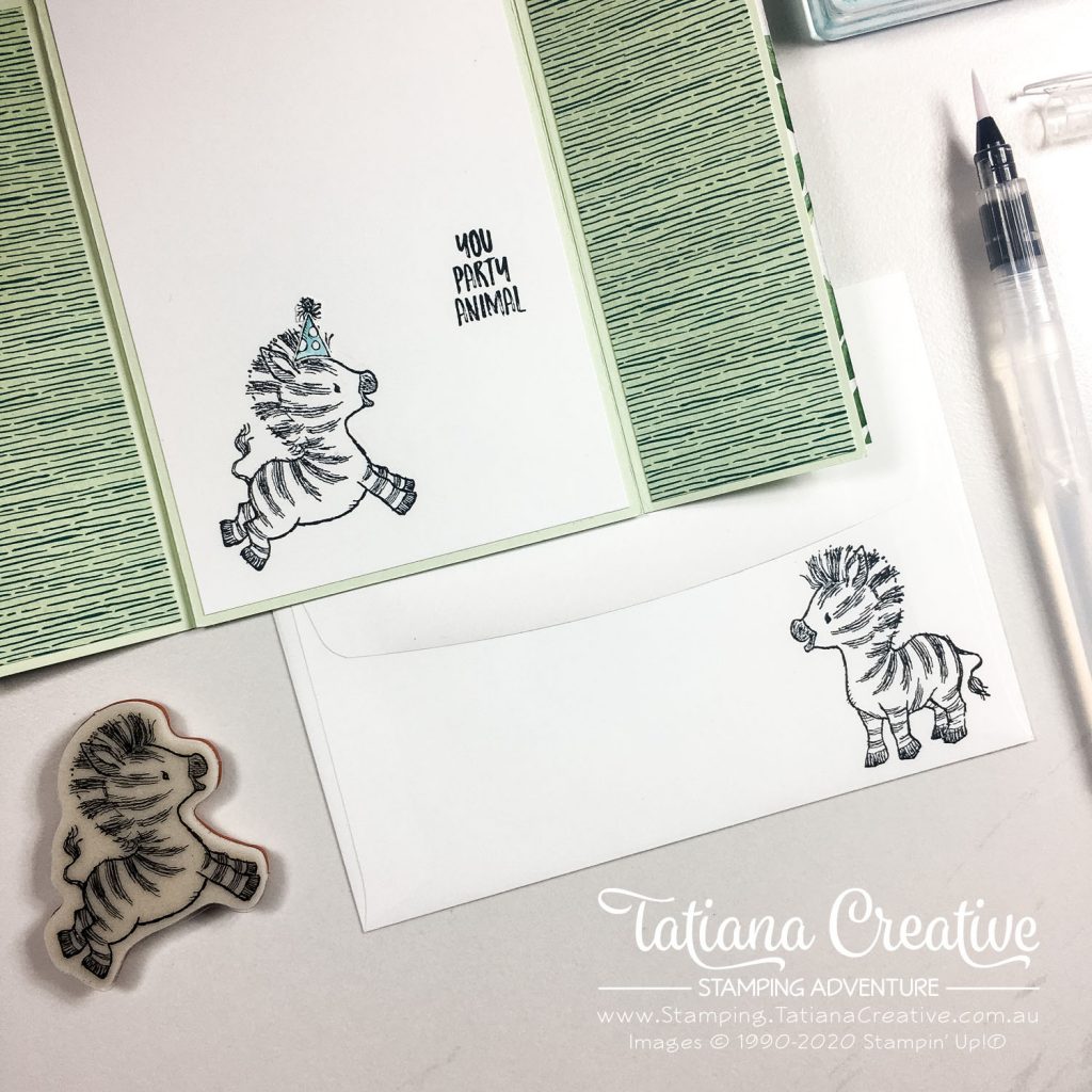 Fantastic Fun Folds with Tatiana Creative Stamping Adventure - Zany Zebra Gate Fold Variation card using Zany Zebra stamp set and Forever Greenery DSP both from Stampin' Up!®