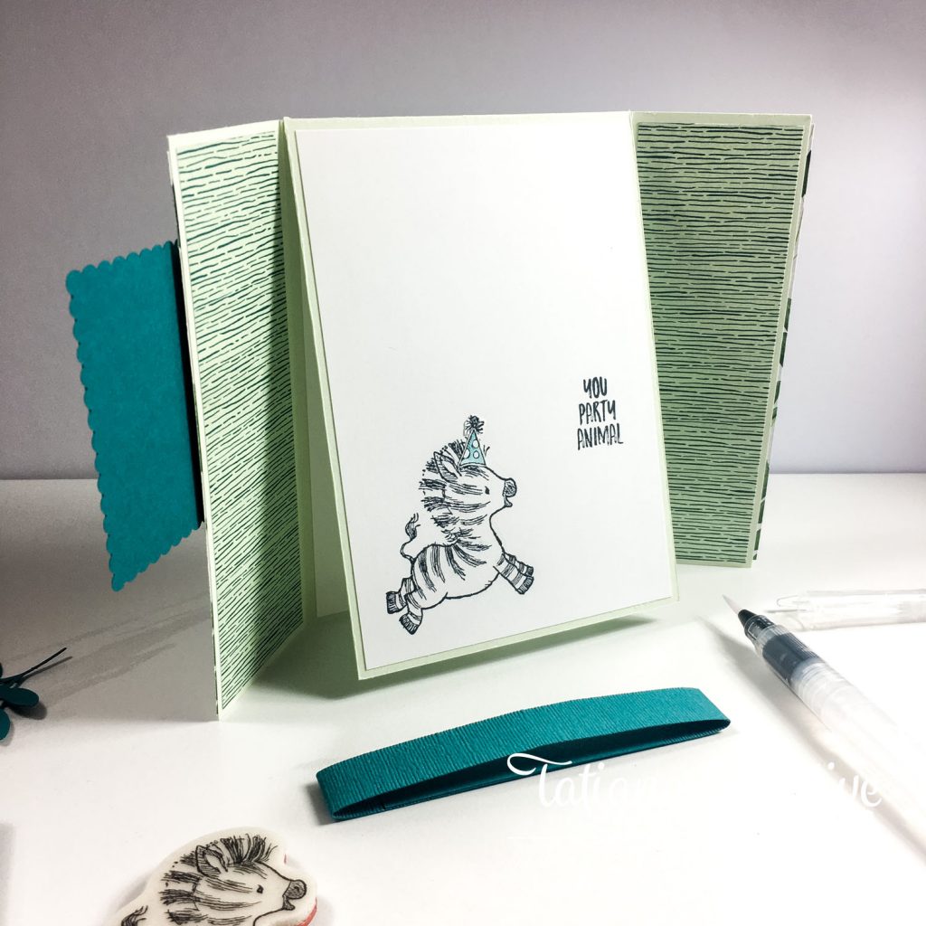 Fantastic Fun Folds with Tatiana Creative Stamping Adventure - Zany Zebra Gate Fold Variation card using Zany Zebra stamp set and Forever Greenery DSP both from Stampin' Up!®